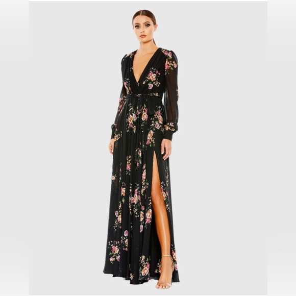 IEENA FOR MAC DUGGAL Belted Floral Print Illusion Long Sleeve Gown Black Size 12 - Picture 2 of 16